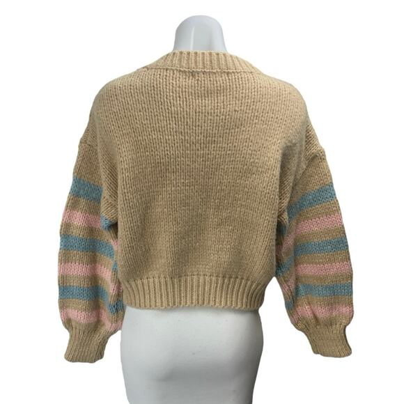 Lush Tan Multicolor Striped Cable Knit Button Up Cardigan Sweater Top Size M - Picture 3 of 5